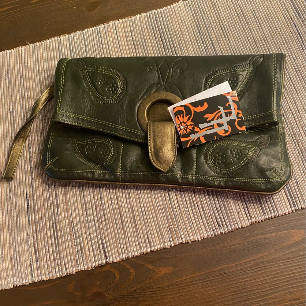 Leaders In Leather Handbag/Wristlet Forest Green & Bronze